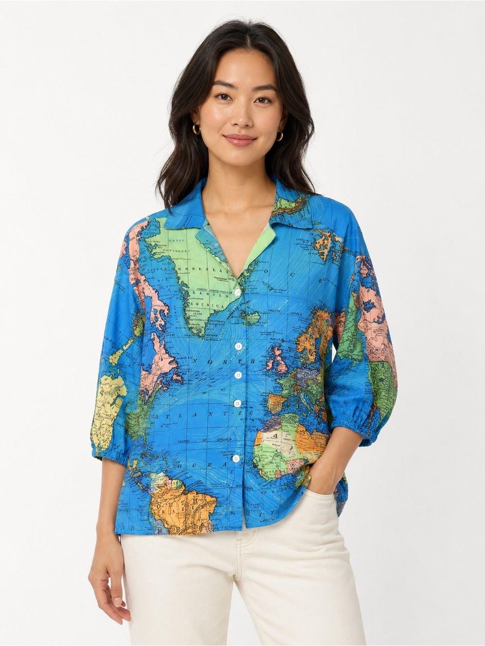 Misslook World Map Print Button-Up Blouse – Women’s Size Small